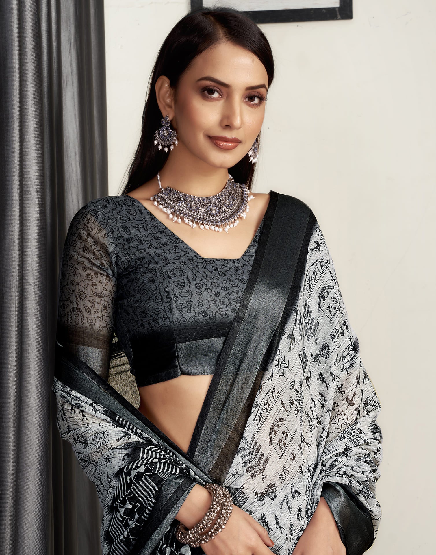 Light Grey Cotton Printed Saree