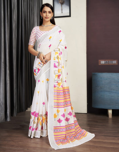 White Cotton Printed Saree