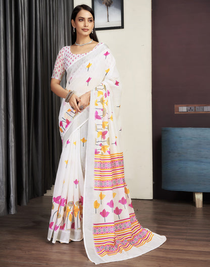 White Cotton Printed Saree