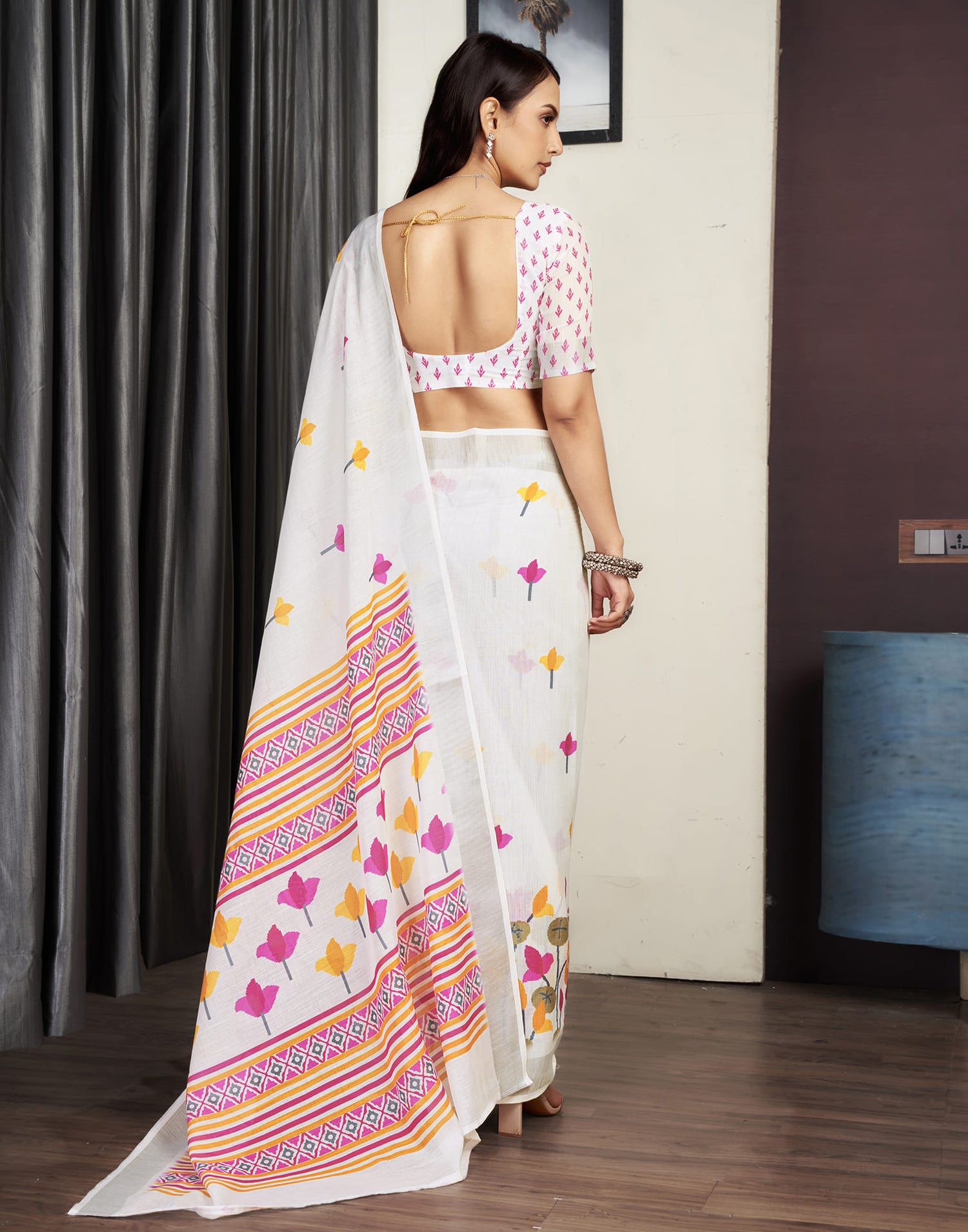 White Cotton Printed Saree