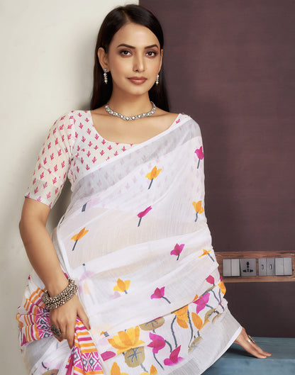 White Cotton Printed Saree