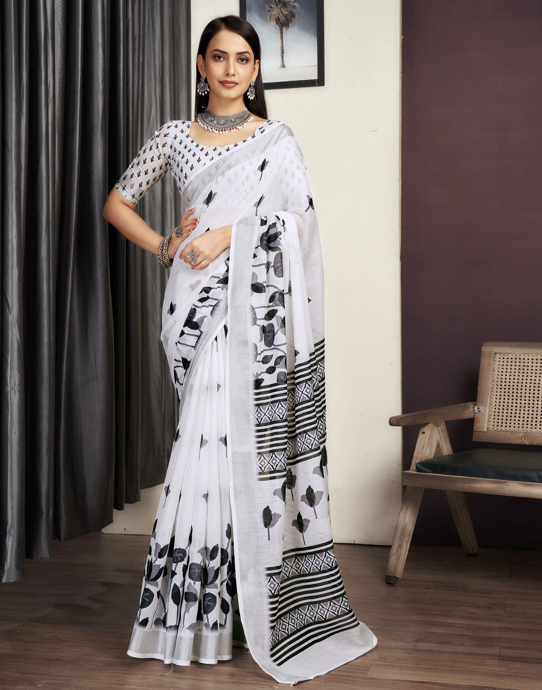 White Cotton Printed Saree