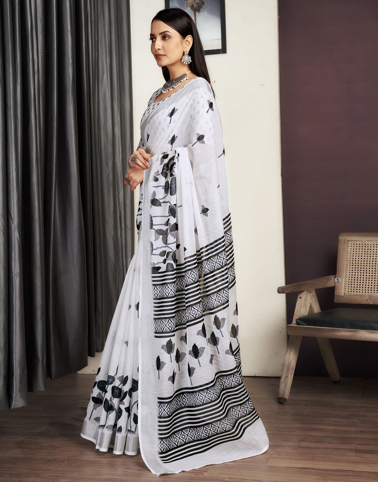 White Cotton Printed Saree