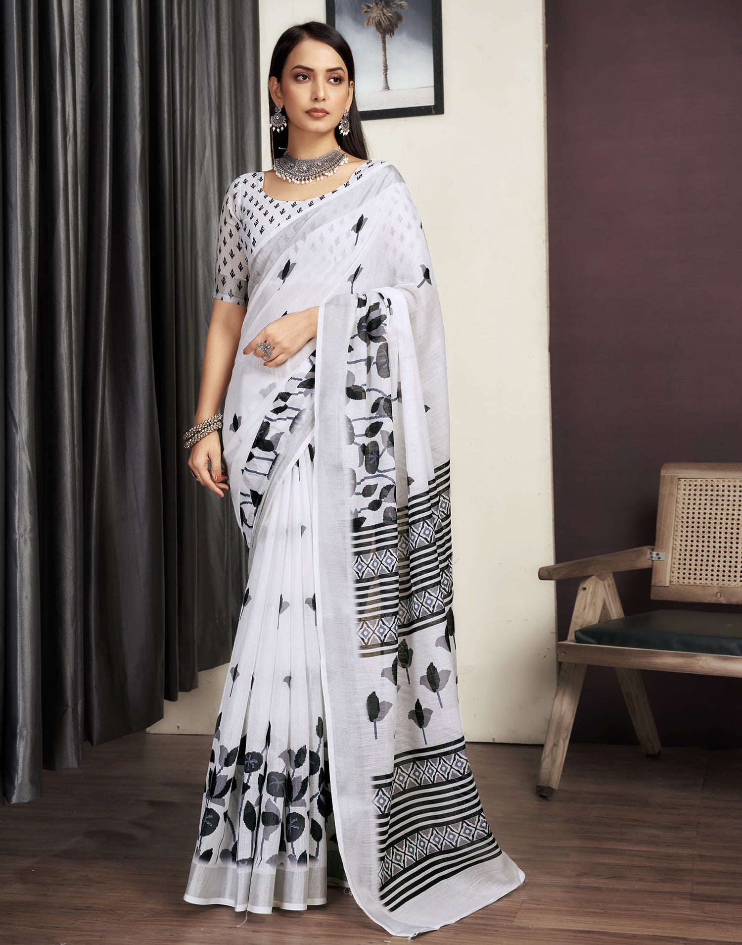 White Cotton Printed Saree