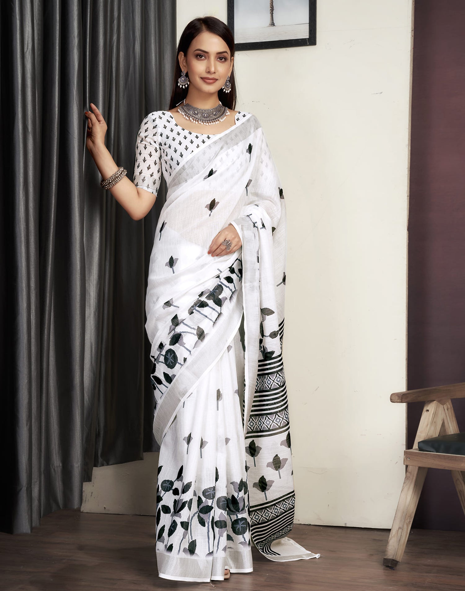 White Cotton Printed Saree