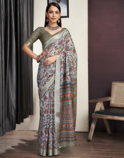 Grey Cotton Printed Saree