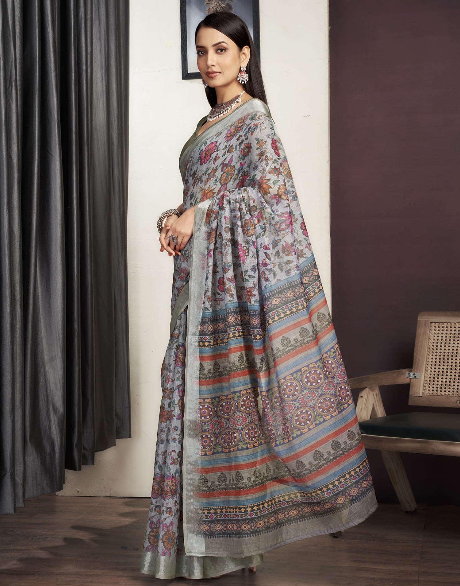 Grey Cotton Printed Saree