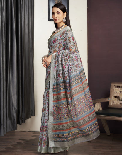 Grey Cotton Printed Saree