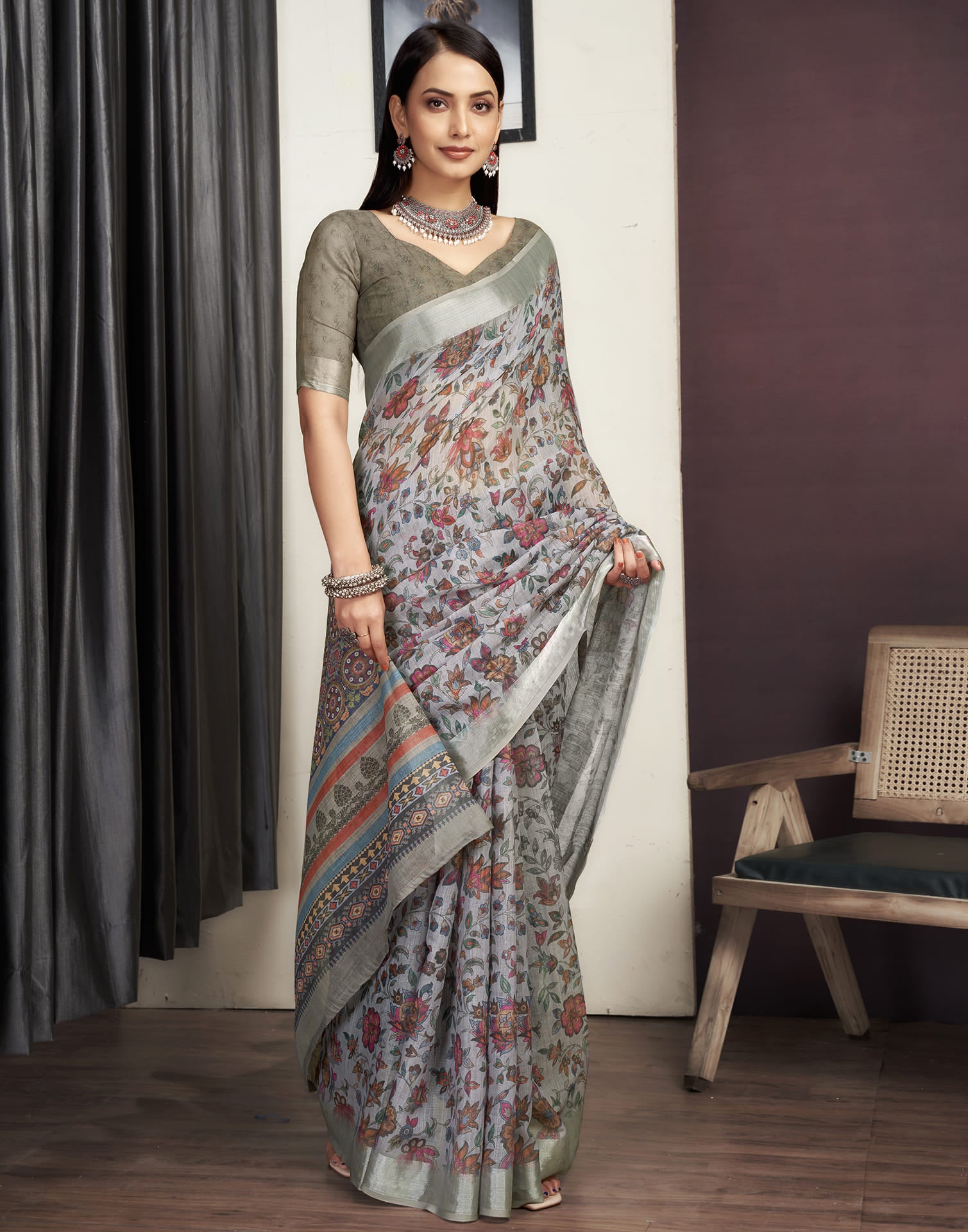 Grey Cotton Printed Saree