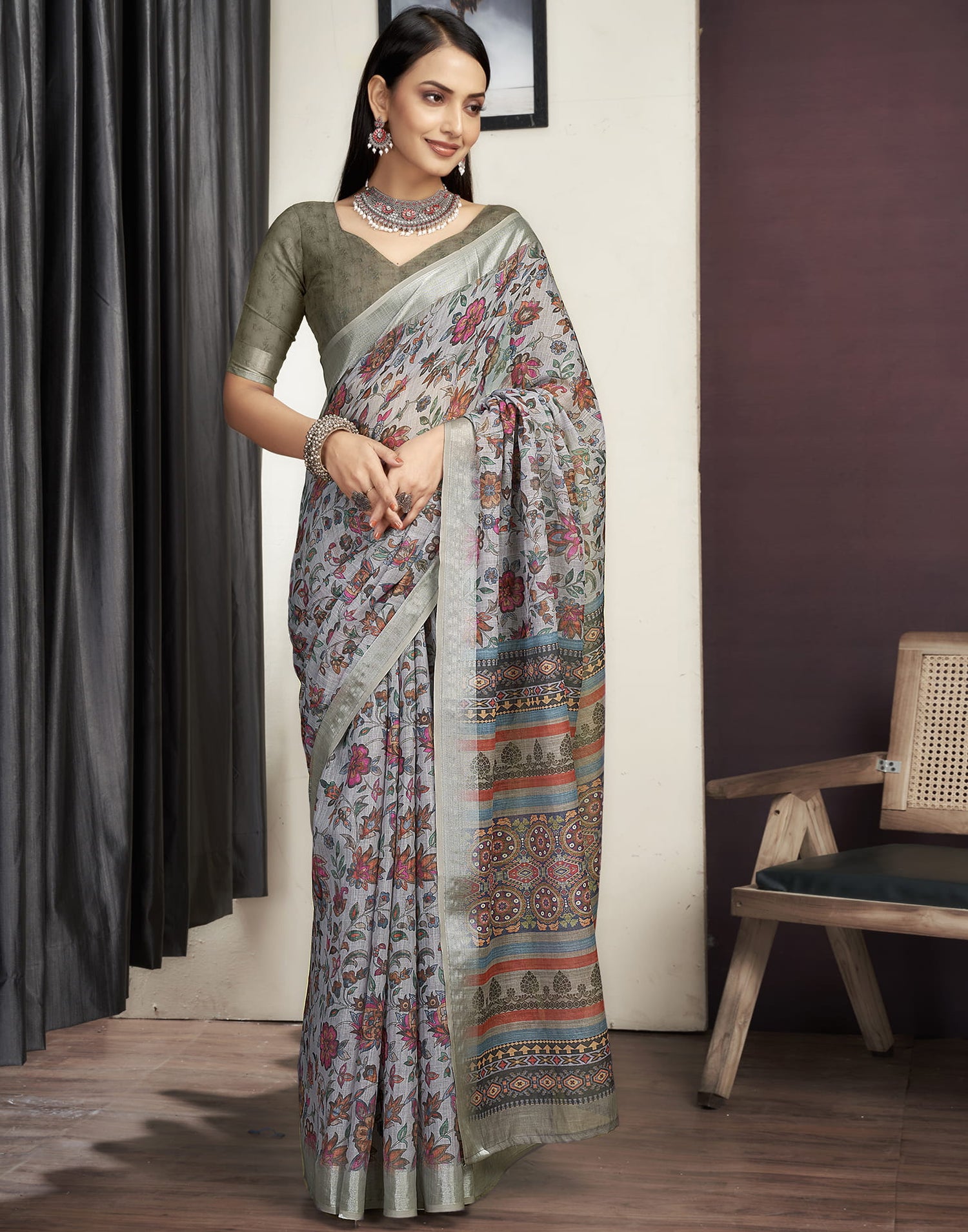 Grey Cotton Printed Saree