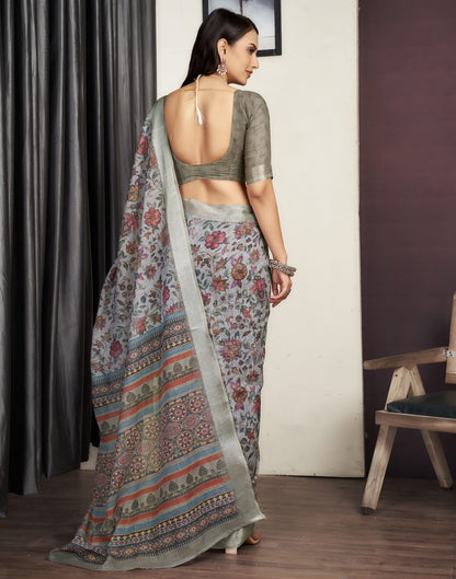 Grey Cotton Printed Saree