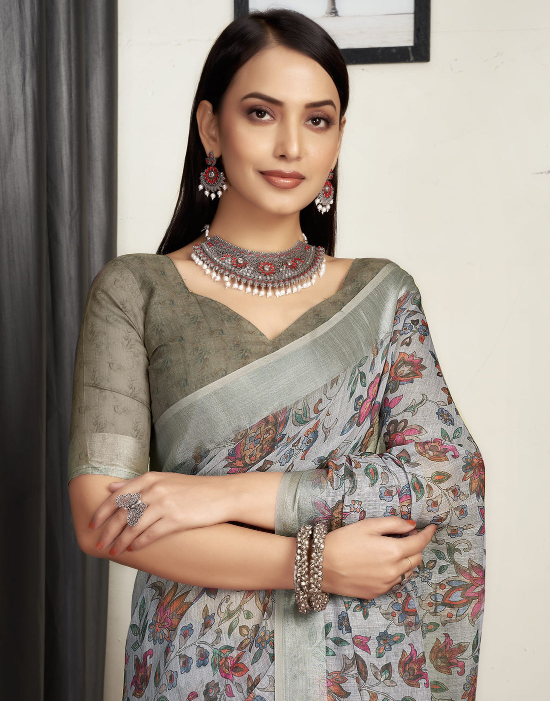 Grey Cotton Printed Saree