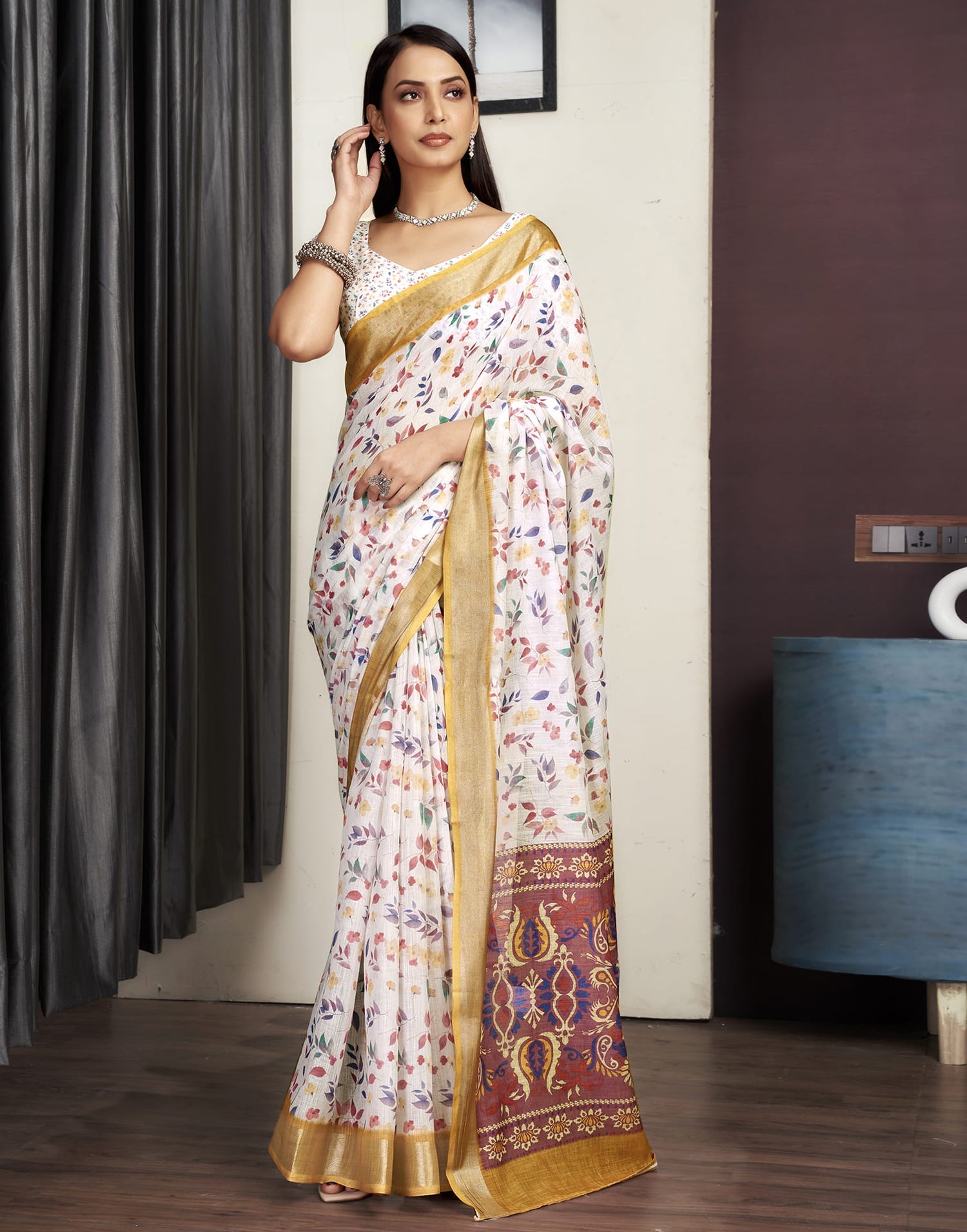 Chestnut Brown Cotton Printed Saree