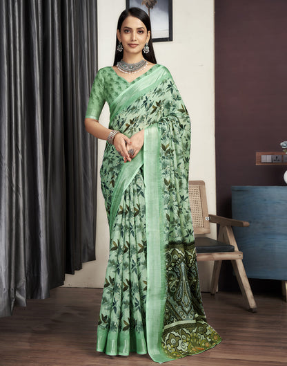 Light Pista Green Cotton Printed Saree