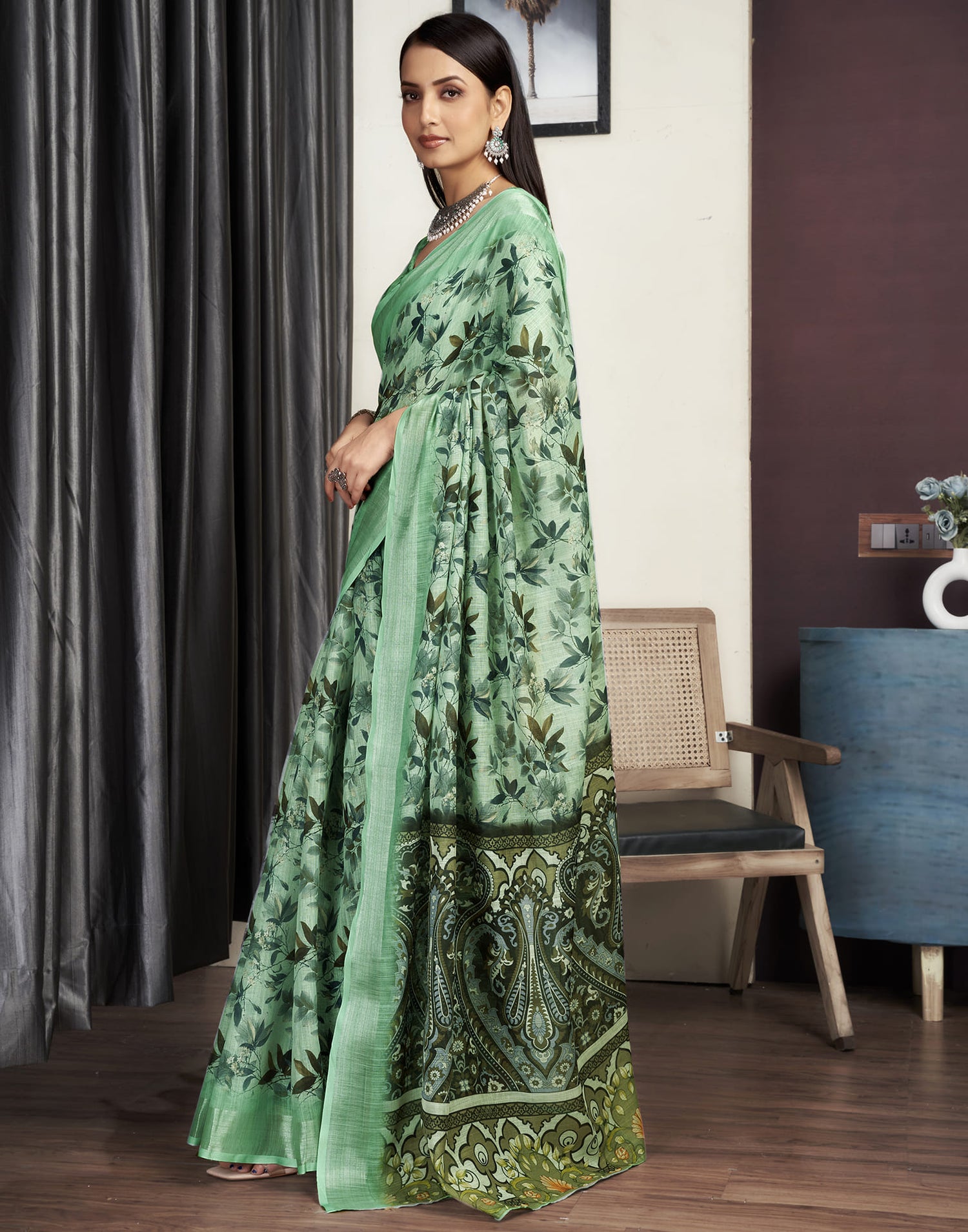 Light Pista Green Cotton Printed Saree