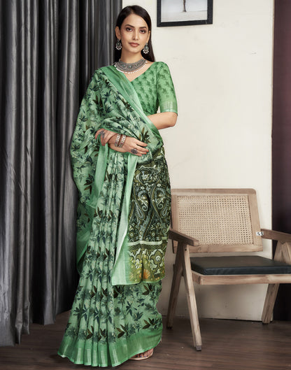 Light Pista Green Cotton Printed Saree