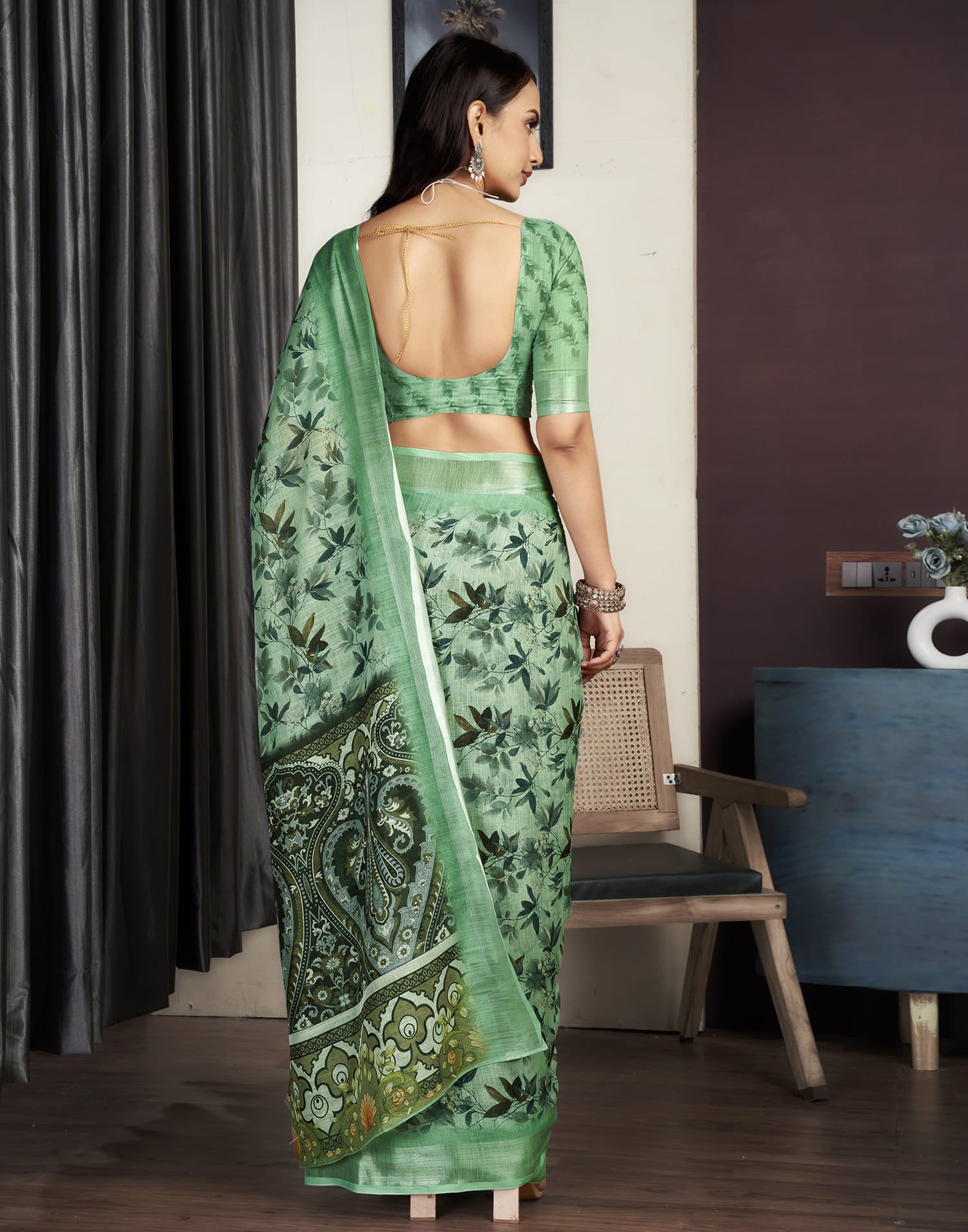 Light Pista Green Cotton Printed Saree