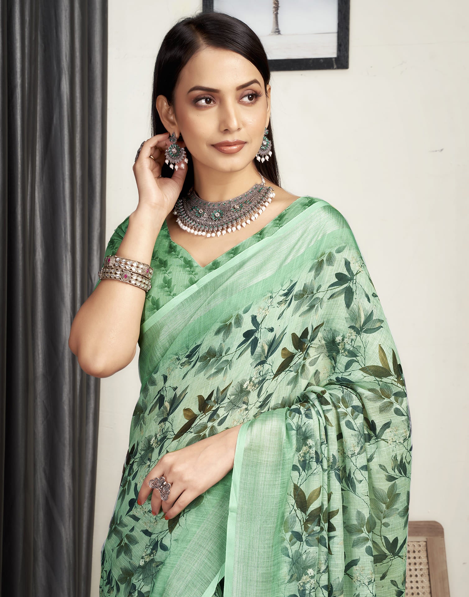 Light Pista Green Cotton Printed Saree