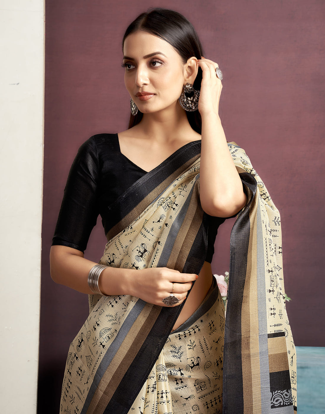 Beige Cotton Blend Printed Printed Saree