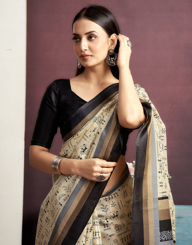 Beige Cotton Blend Printed Saree