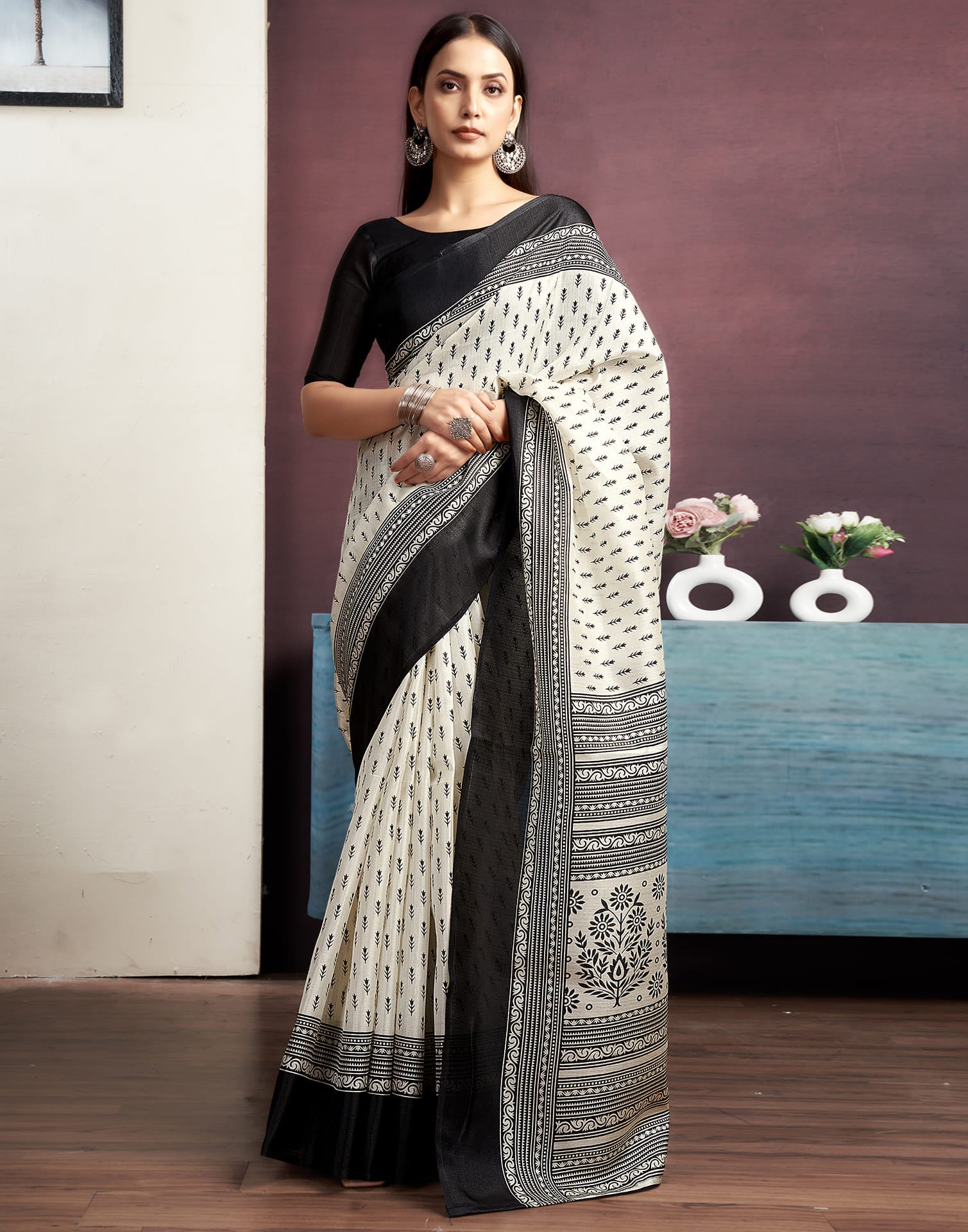 White Cotton Blend Printed Saree