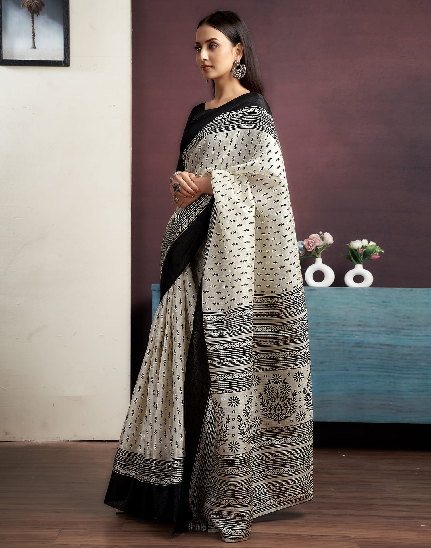 Off White Bhagalpuri Silk Printed Saree