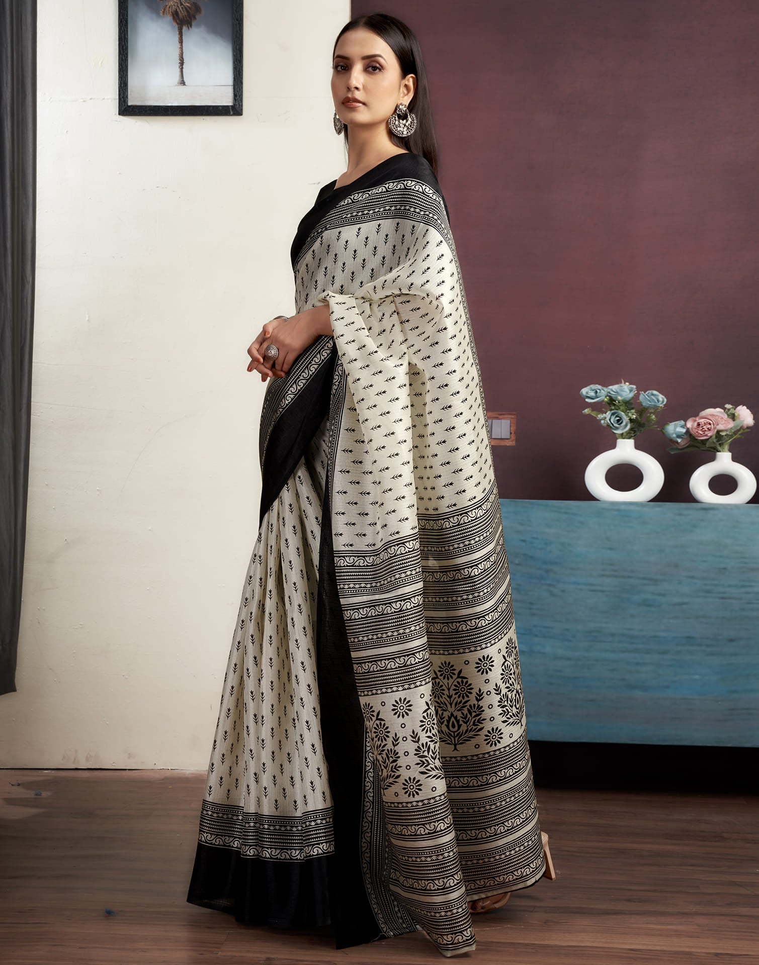 White Cotton Blend Printed Saree