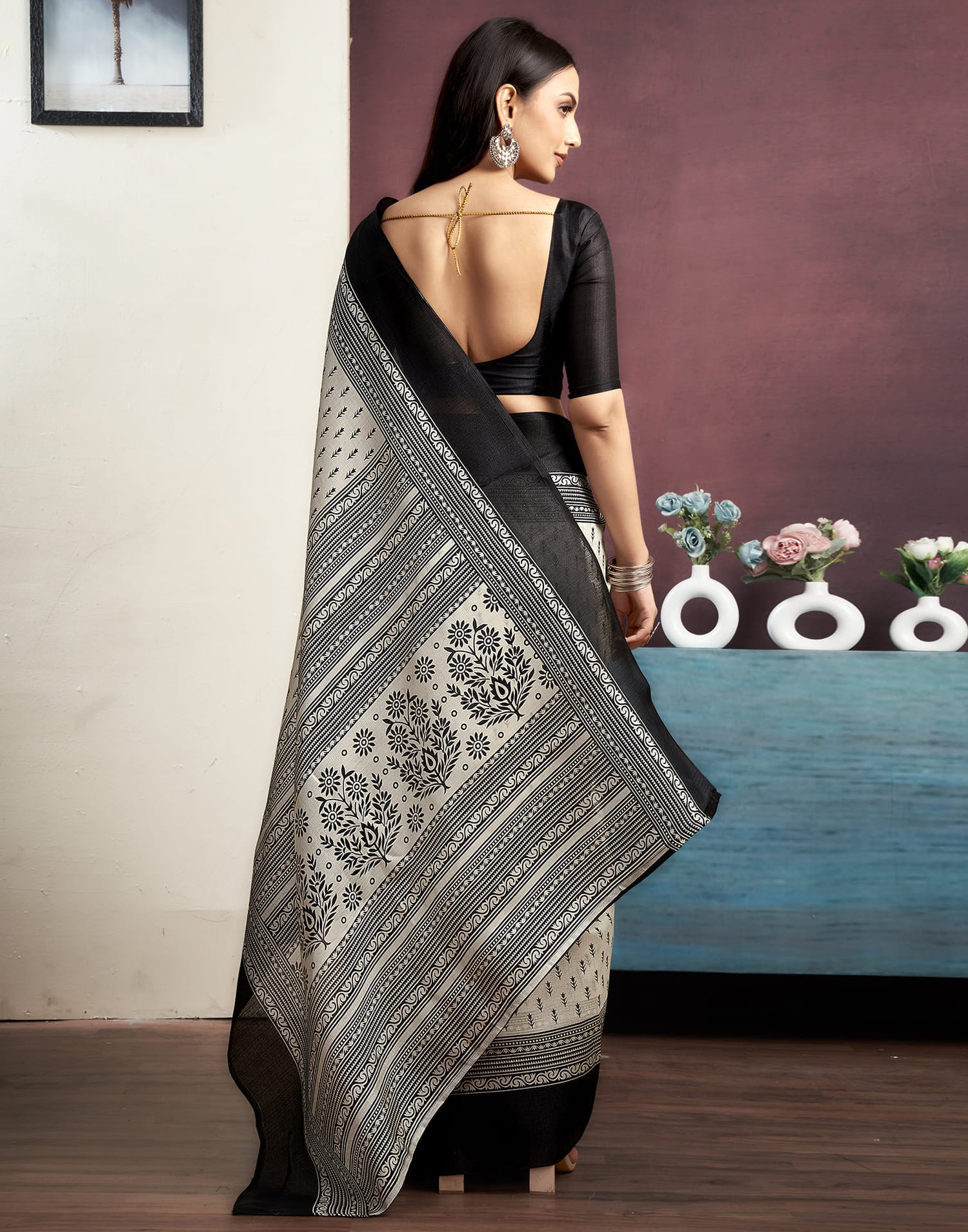 White Cotton Blend Printed Saree