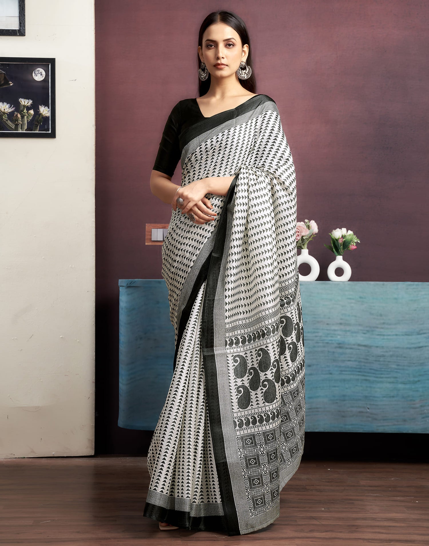 White Cotton Blend Printed Saree