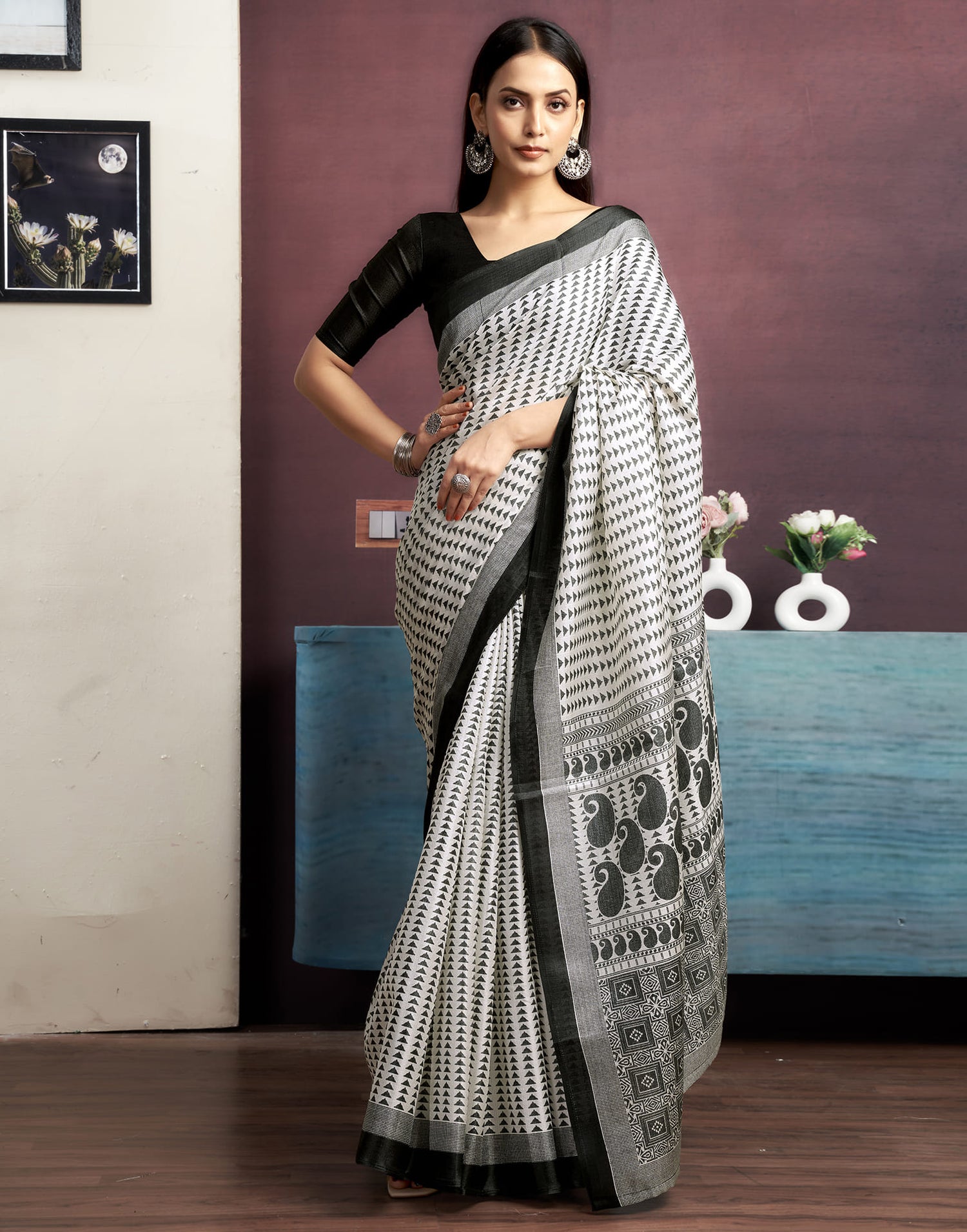 White Cotton Blend Printed Saree