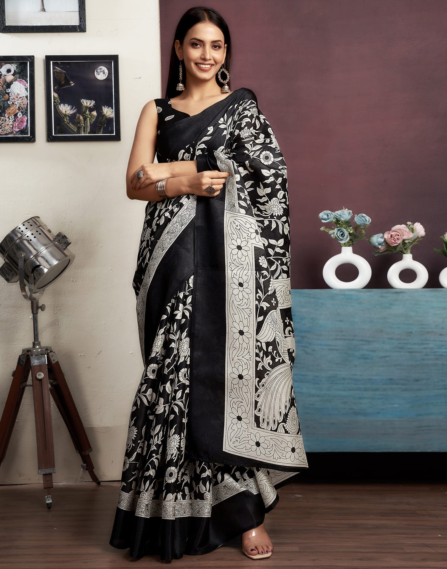 Black Bhagalpuri Silk Printed Saree