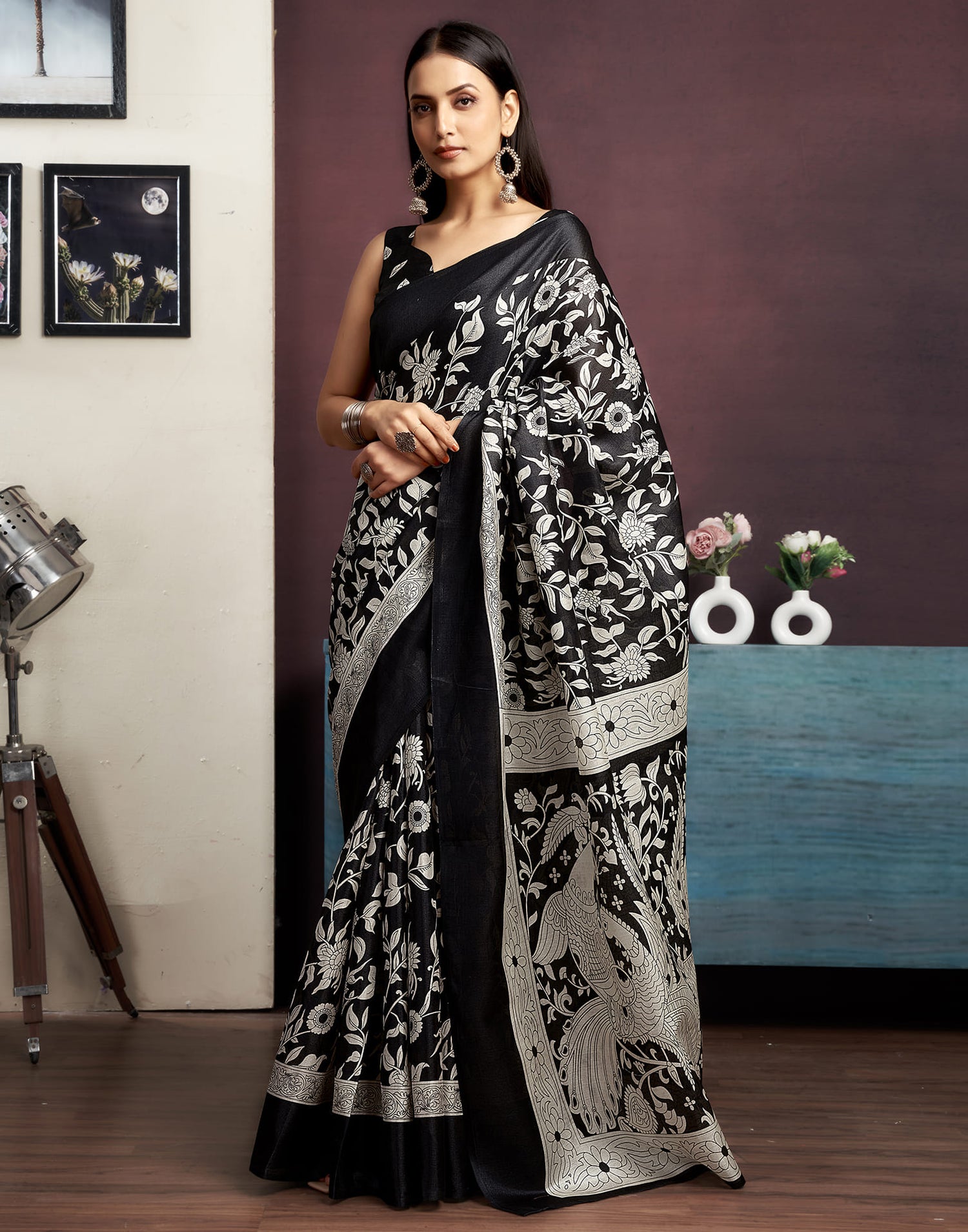 Black Cotton Blend Printed Saree