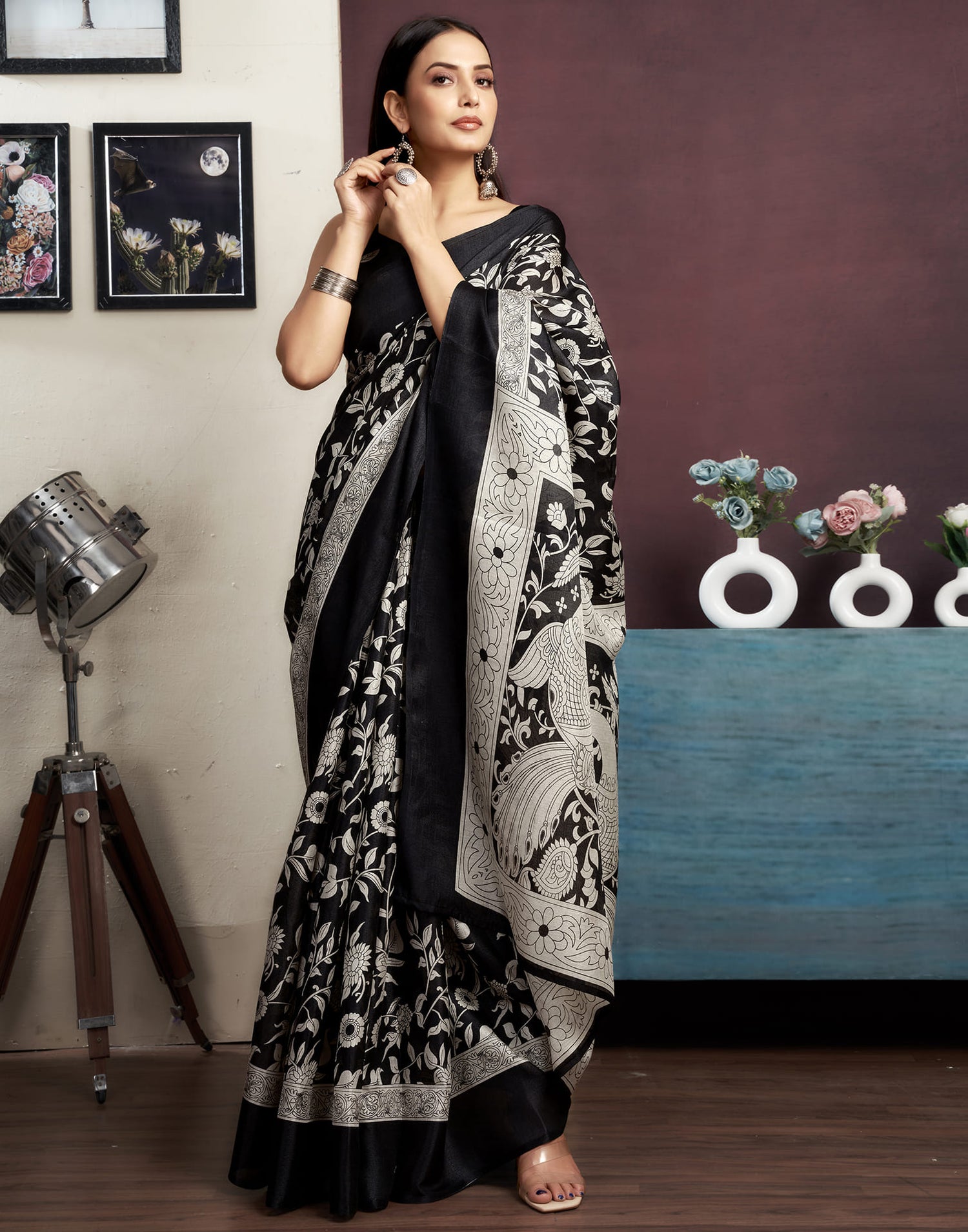 Black Cotton Blend Printed Saree