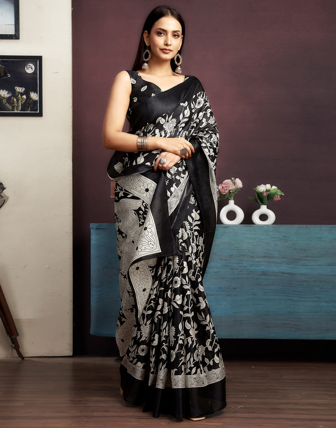 Black Bhagalpuri Silk Printed Saree