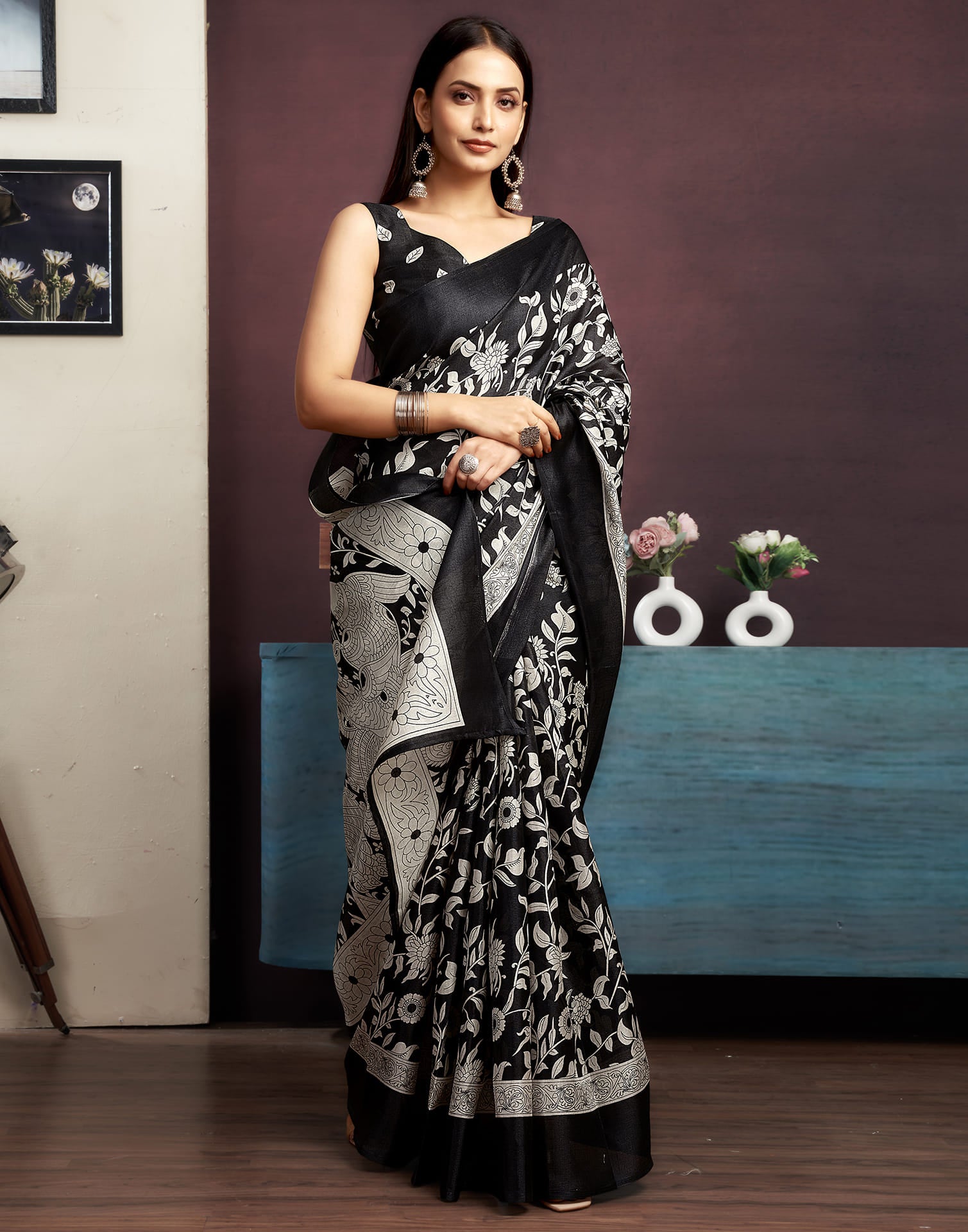 Black Cotton Blend Printed Saree