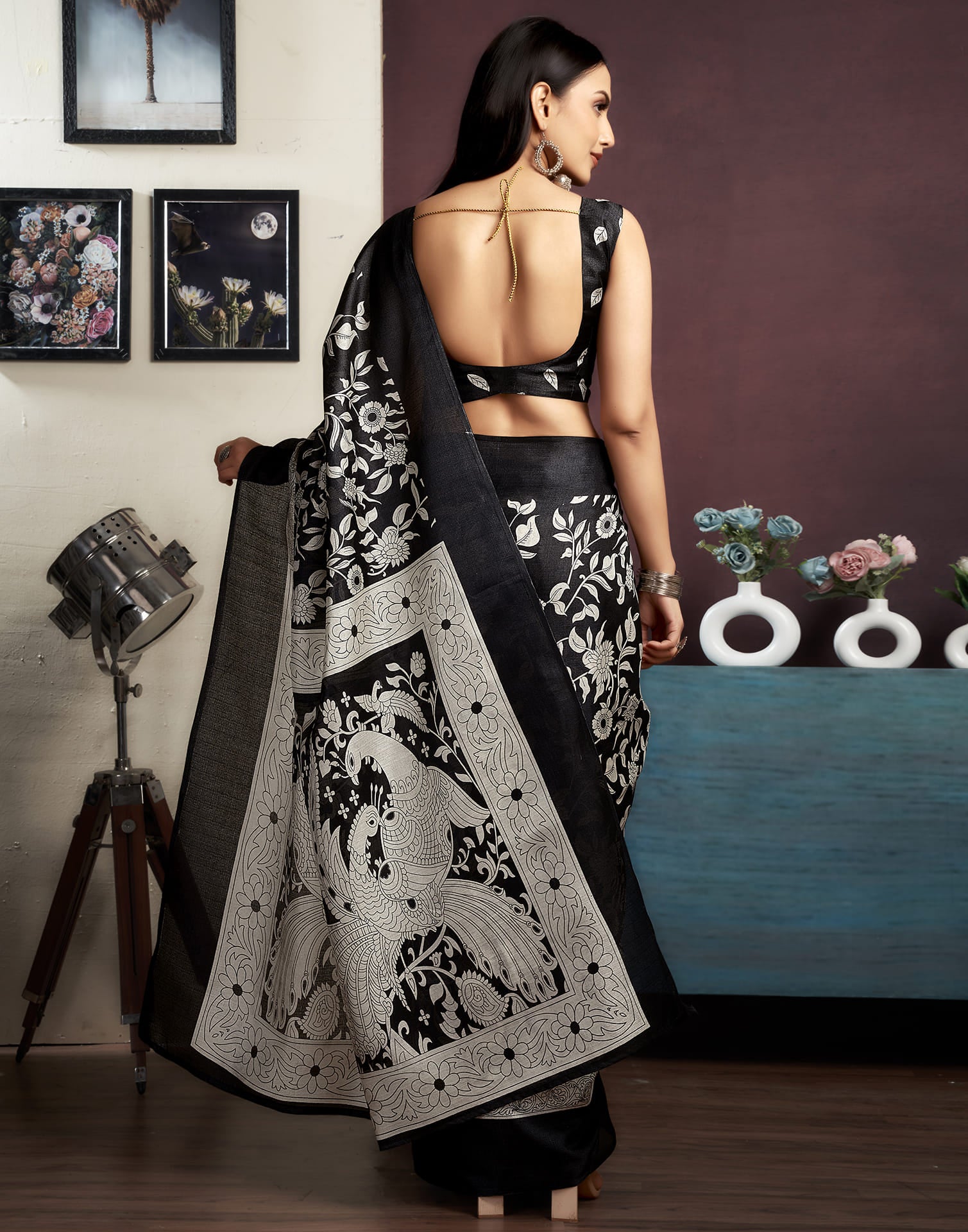 Black Cotton Blend Printed Saree