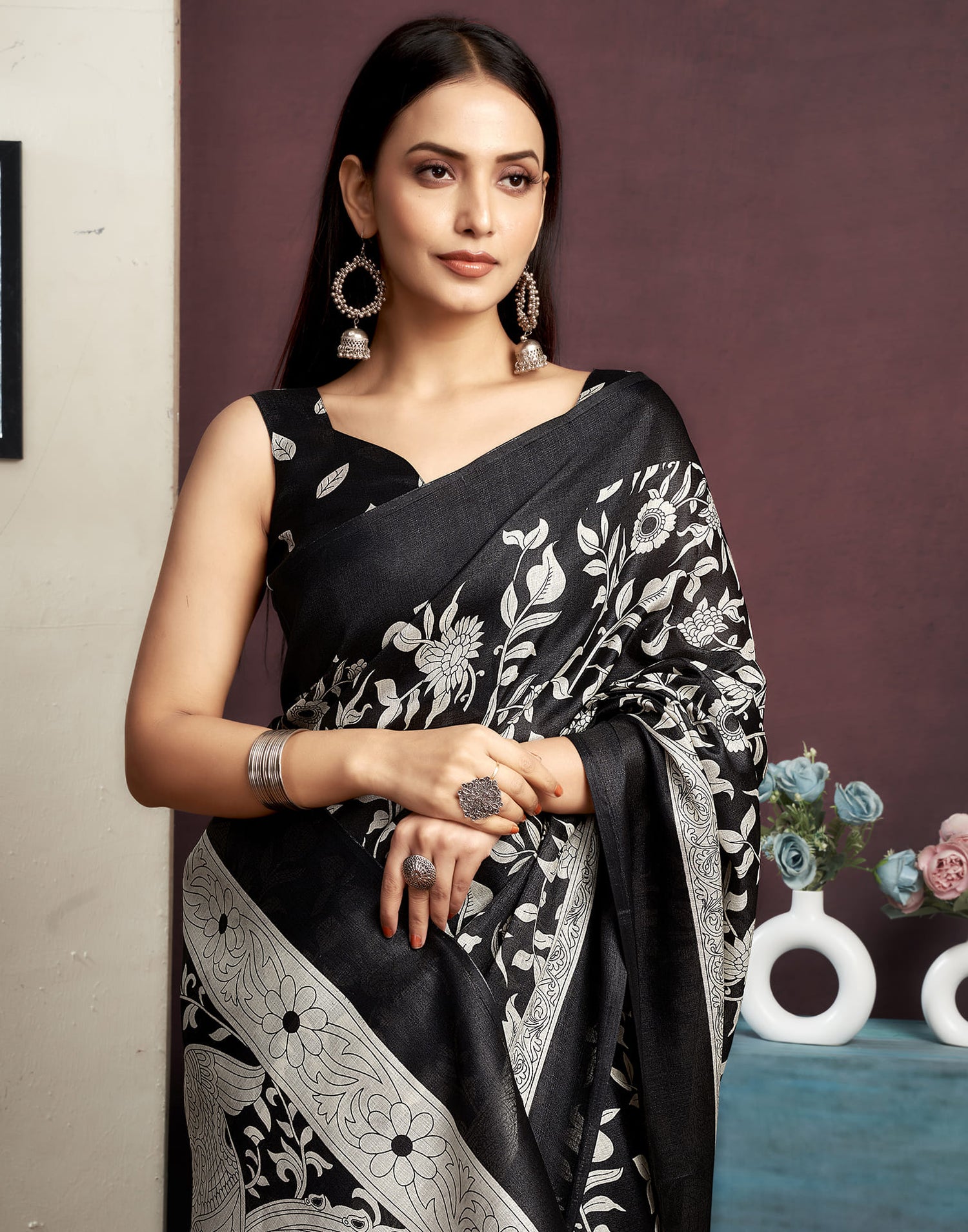 Black Bhagalpuri Silk Printed Saree