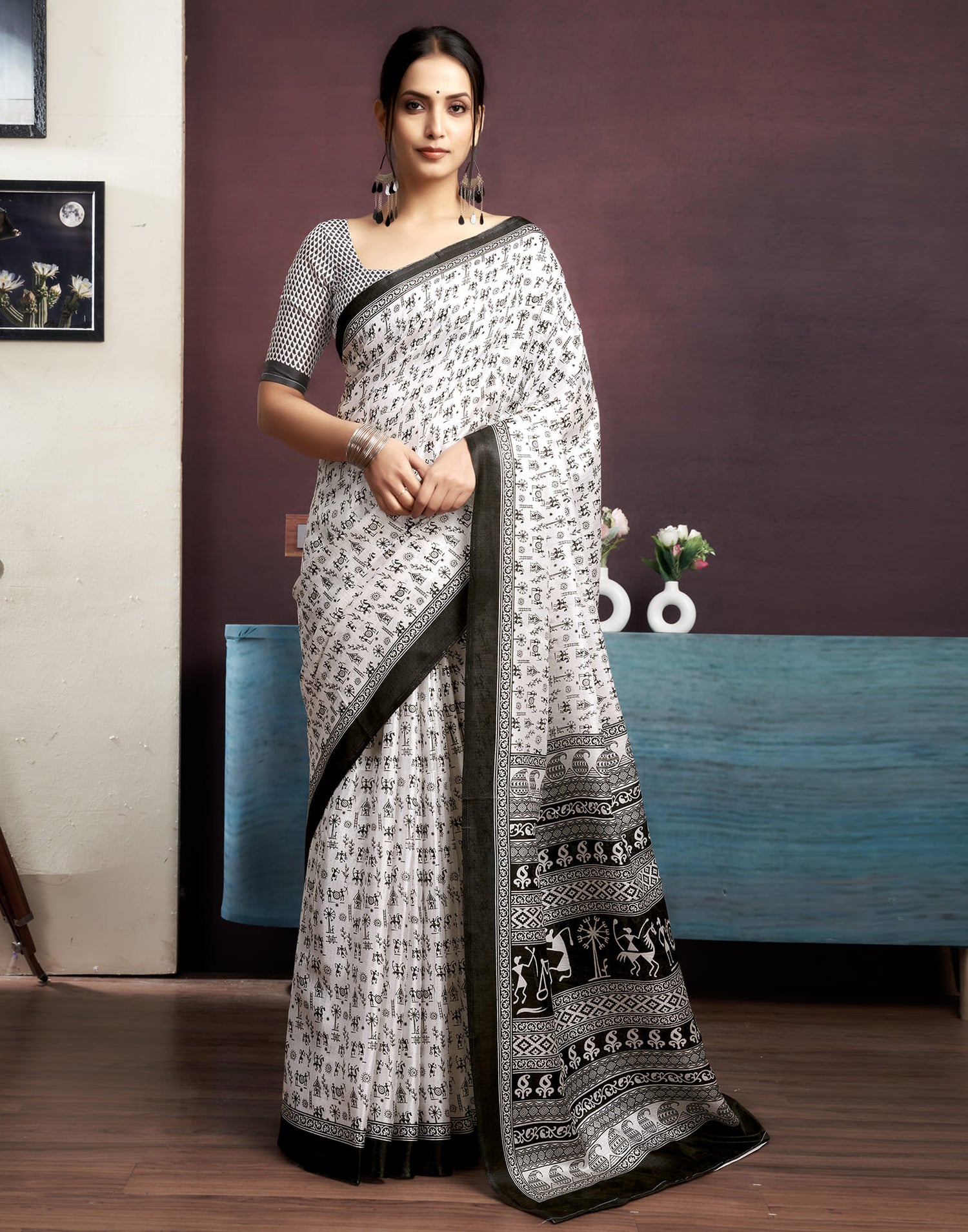 White Bhagalpuri Silk Printed Saree