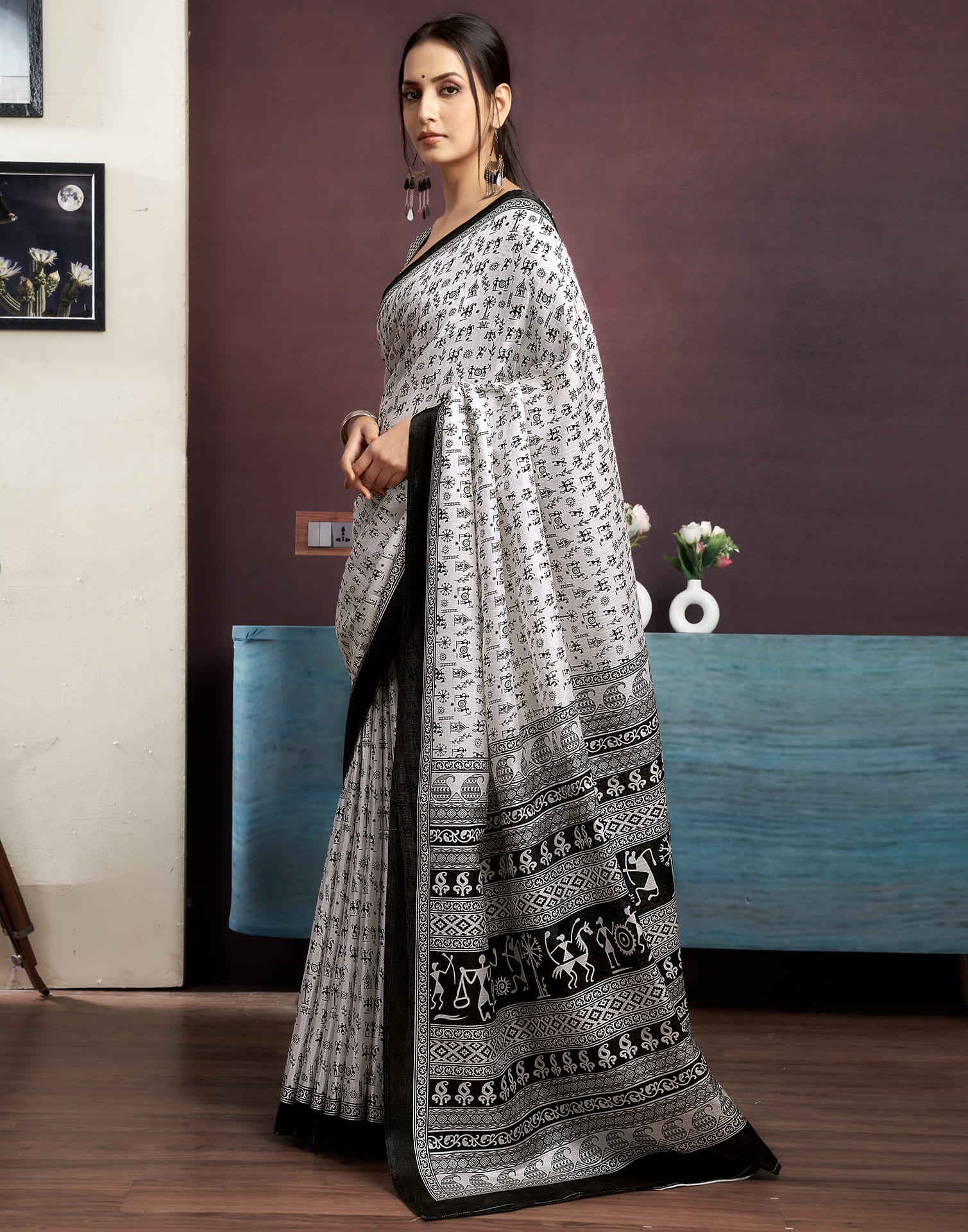 White Bhagalpuri Silk Printed Saree