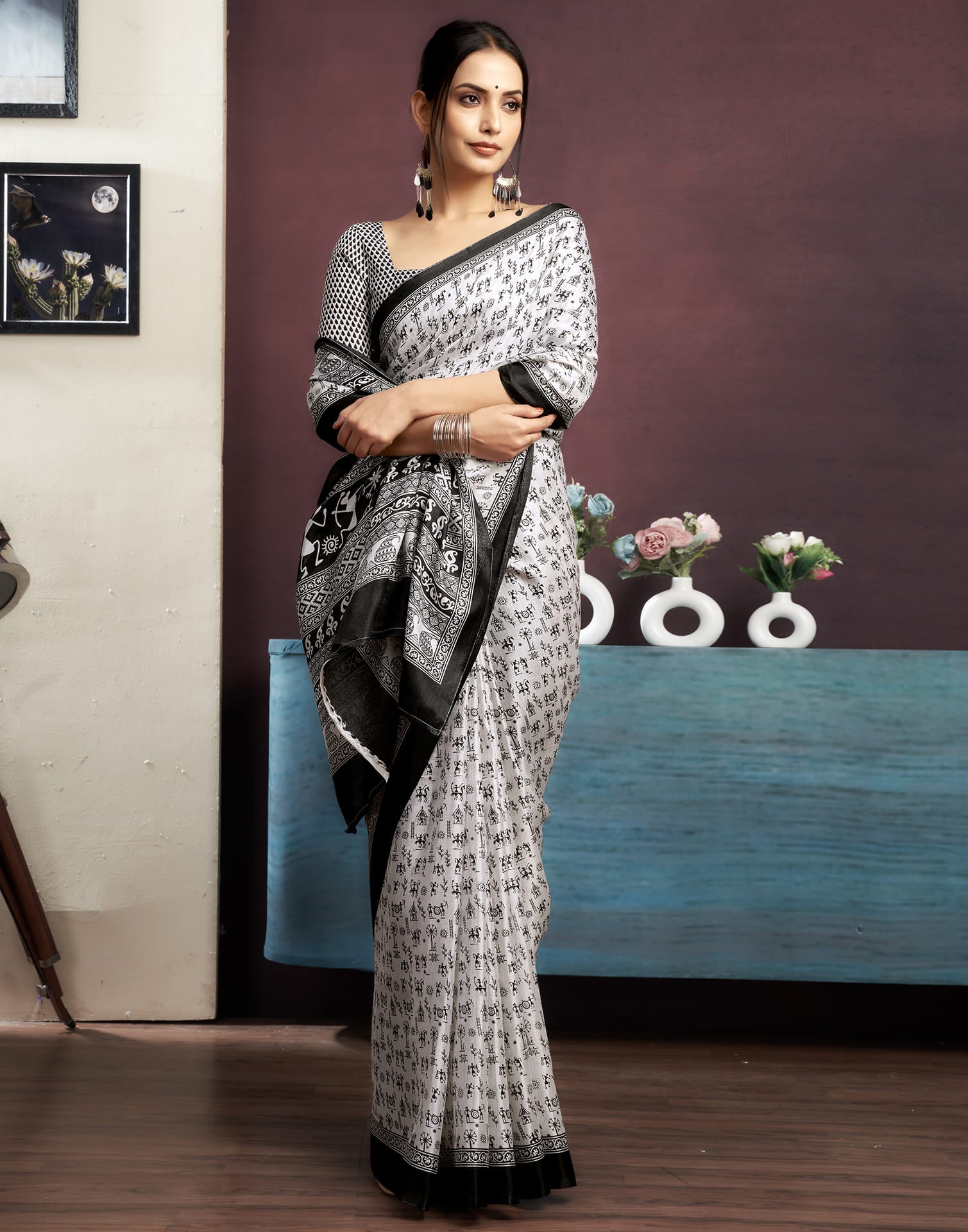 White Bhagalpuri Silk Printed Saree