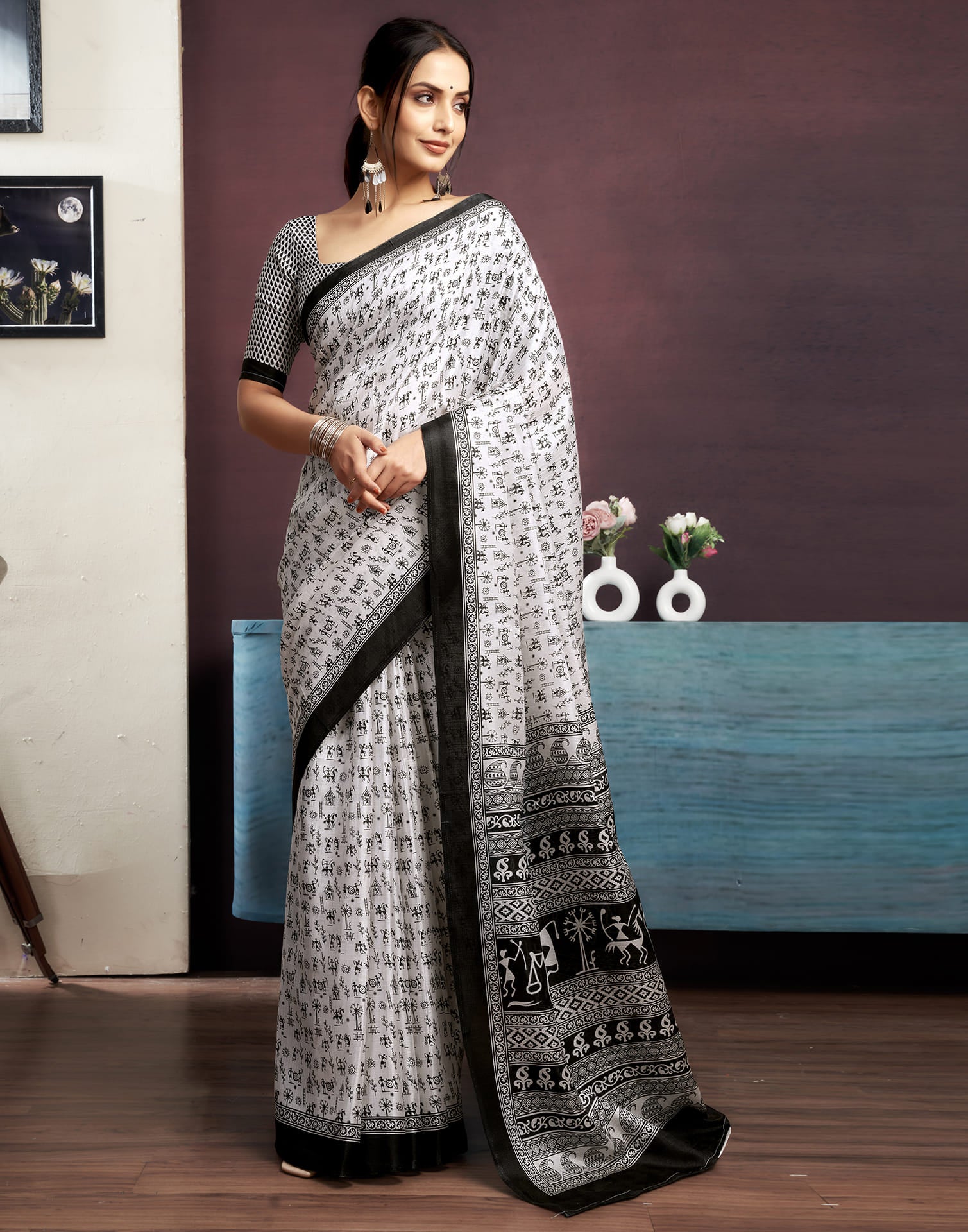 White Cotton Blend Printed Saree