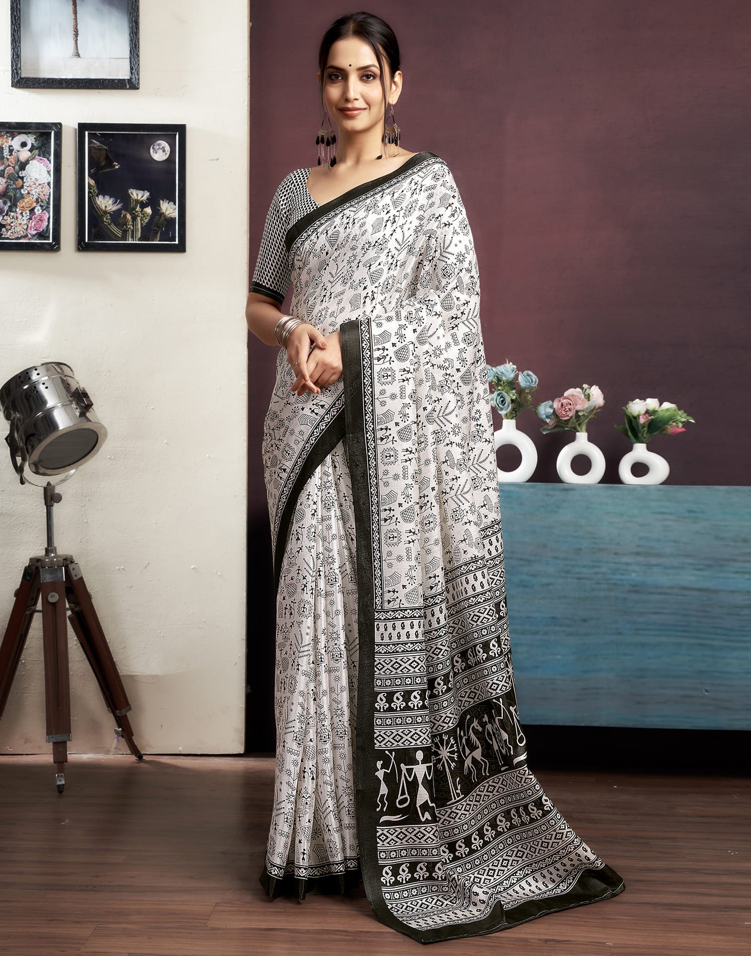 White Bhagalpuri Silk Printed Saree