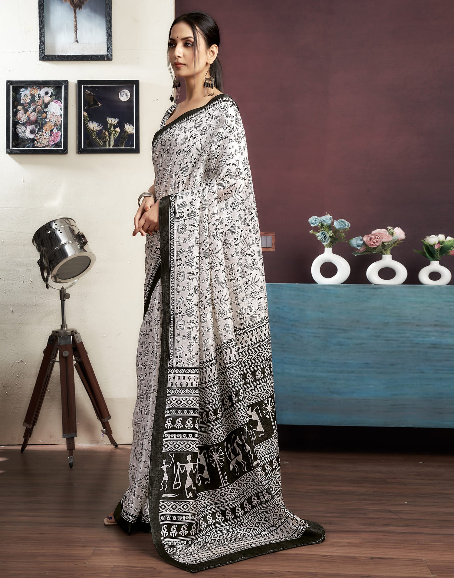 White Bhagalpuri Silk Printed Saree