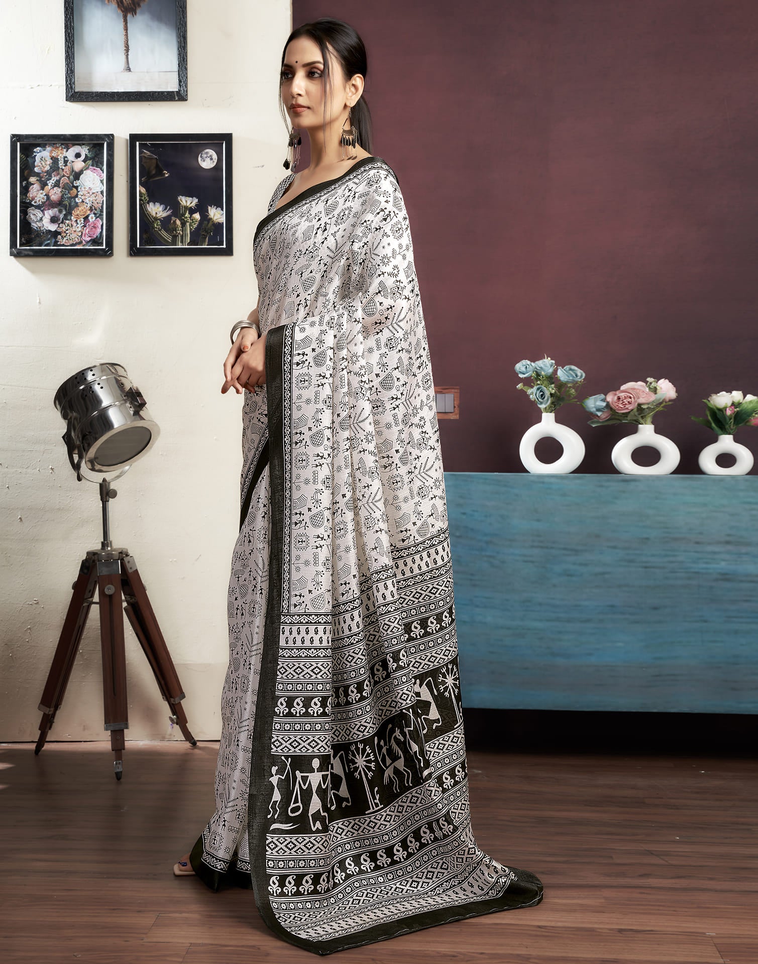 White Bhagalpuri Silk Printed Saree