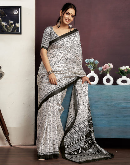 White Cotton Blend Printed Saree