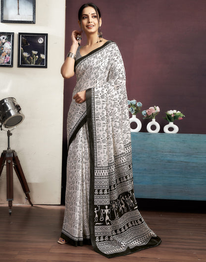 White Bhagalpuri Silk Printed Saree