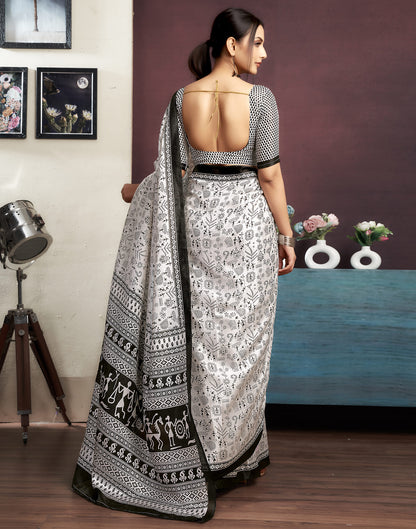 White Cotton Blend Printed Saree