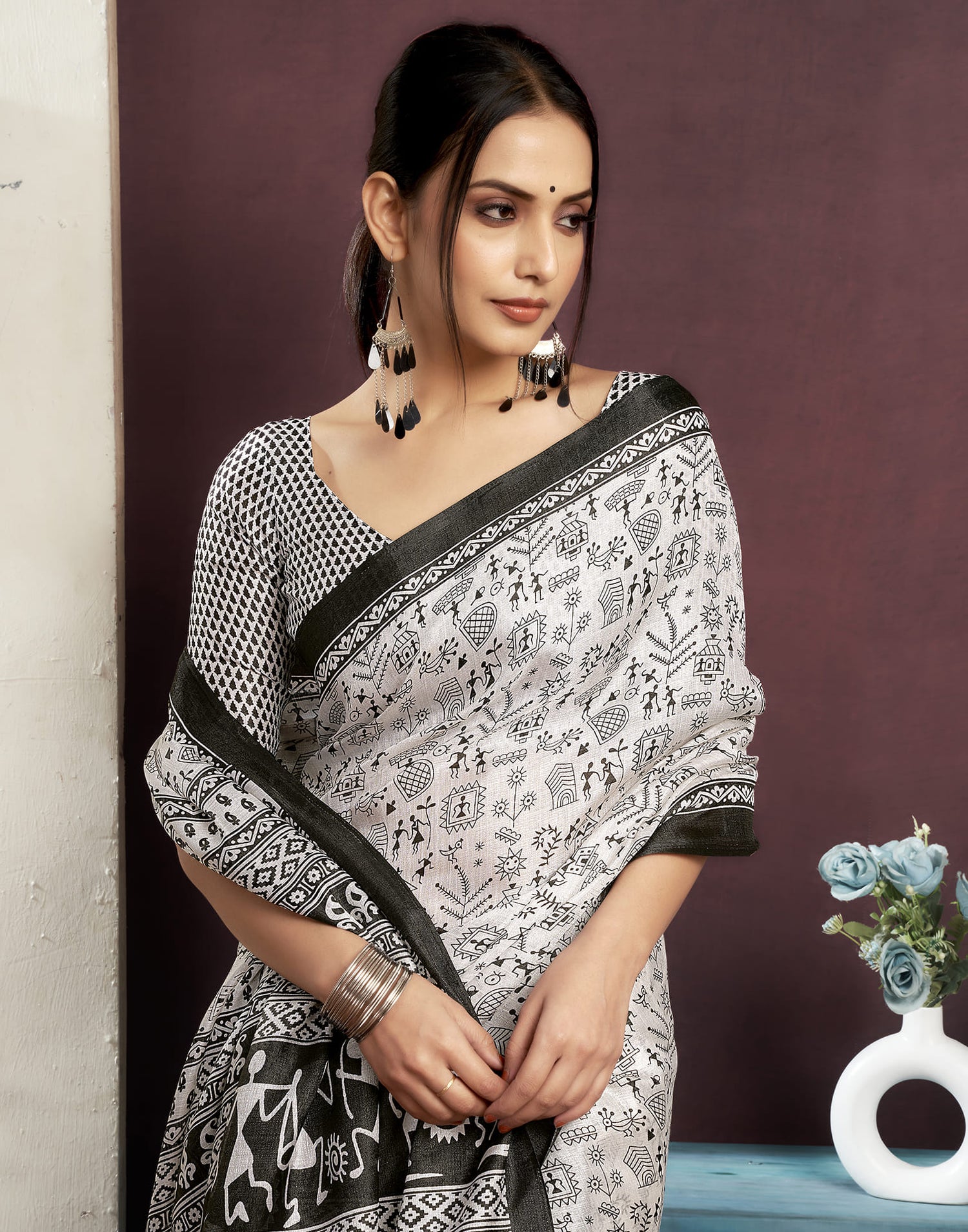 White Bhagalpuri Silk Printed Saree