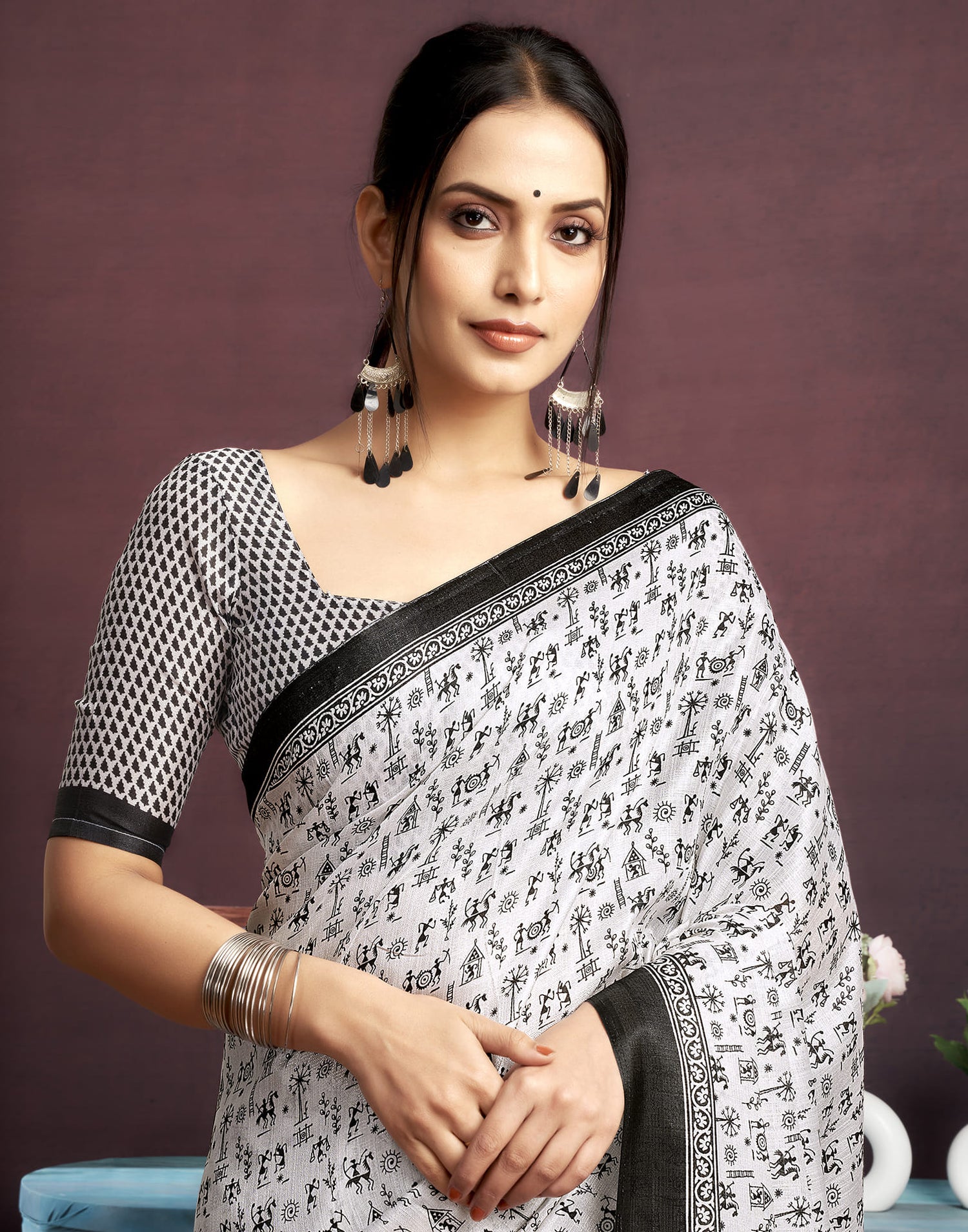 White Bhagalpuri Silk Printed Saree