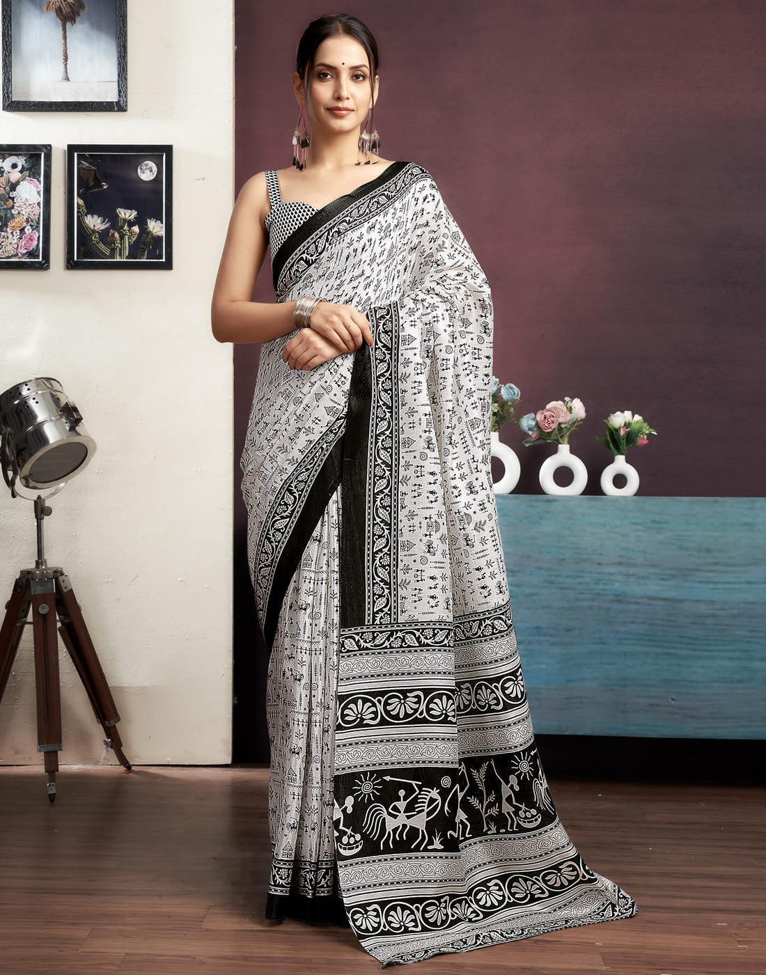 White Bhagalpuri Silk Printed Saree